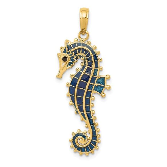 14k Yellow Gold Large Blue Enameled Seahorse Necklace - 16 Inch